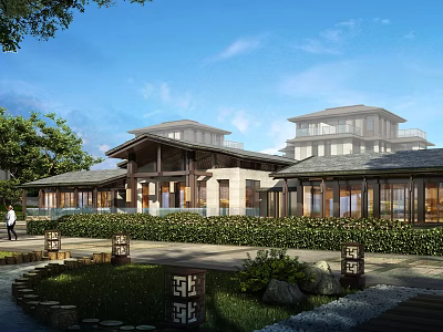 Modern Building With Traditional Roof Glass Windows Garden Lawn Stone Path And People Walking 3d model