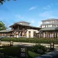 Modern Building With Traditional Roof Glass Windows Garden Lawn Stone Path And People Walking
