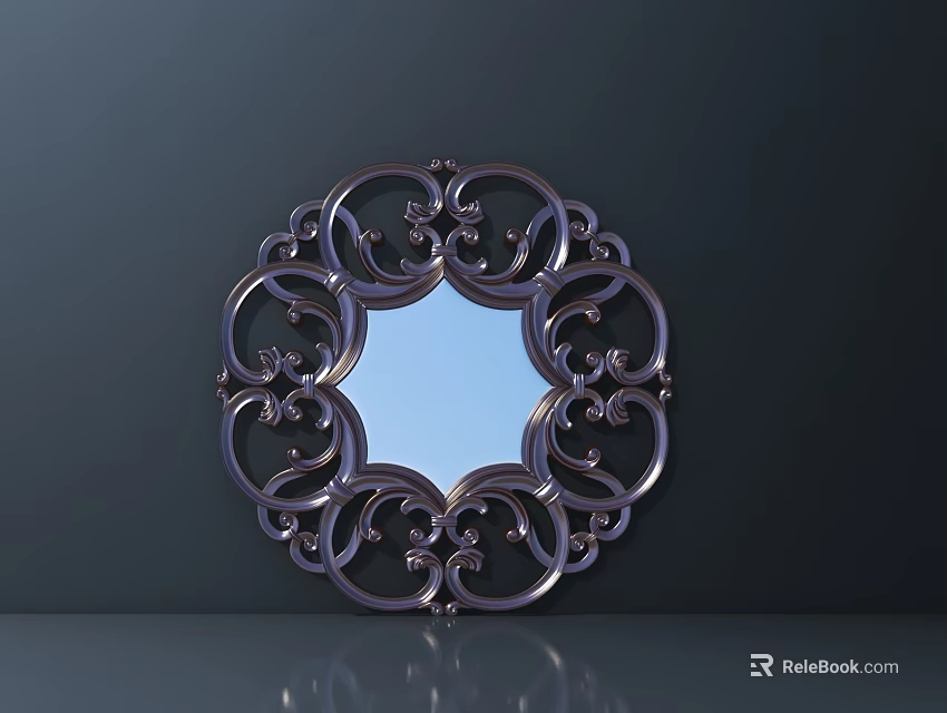 Intricate Carved Metal Circular Mirror With Ornate Patterns On Dark Background 3d model 