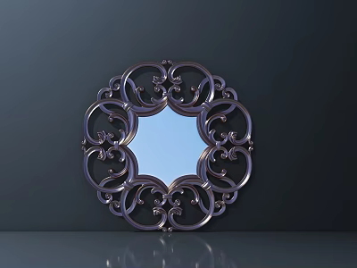 Intricate Carved Metal Circular Mirror With Ornate Patterns On Dark Background 3d model