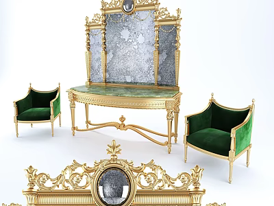 Classical Console Table With Gold Accents Green Velvet Chairs And Decorative Mirror 3d model