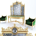 Classical Console Table With Gold Accents Green Velvet Chairs And Decorative Mirror