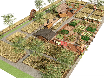 Rural Landscape With Agricultural Fields Traditional Cottages And Scattered Trees 3d model