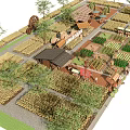 Rural Landscape With Agricultural Fields Traditional Cottages And Scattered Trees
