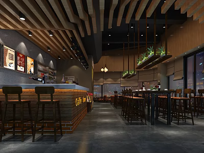 Modern Café Interior With Wooden Ceiling Bar Counter Tables Chairs Hanging Plants And Wall Decor 3d model