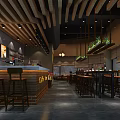 Modern Café Interior With Wooden Ceiling Bar Counter Tables Chairs Hanging Plants And Wall Decor