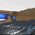 Spacious Auditorium Interior Featuring Blue Seats Wooden Walls Ceiling Lights And Flooring