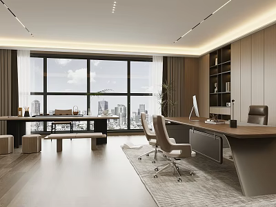 Modern Open Office With Large Windows City View Wooden Walls Desk Computer Bookshelf Office Chair 3d model