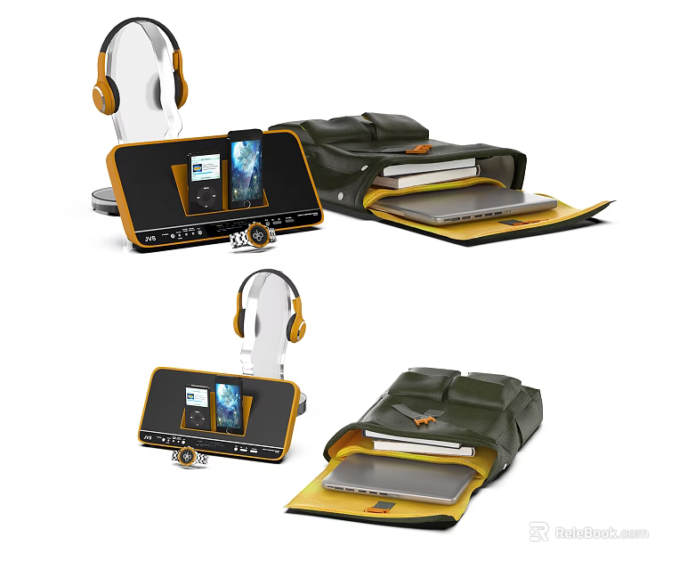 Modern Portable Entertainment Electronics With Headphones Phone Stand Backpack And Devices 3d model 