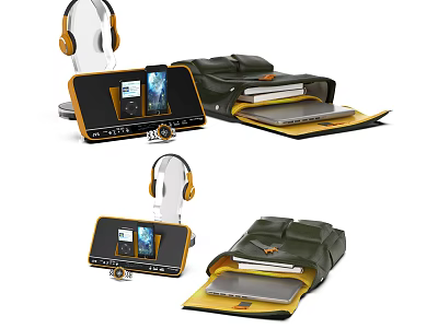 Modern Portable Entertainment Electronics With Headphones Phone Stand Backpack And Devices 3d model