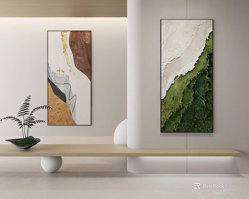 Modern Interior Featuring Decorative Paintings With Green Brown Textures And Plant Decor 3d model 