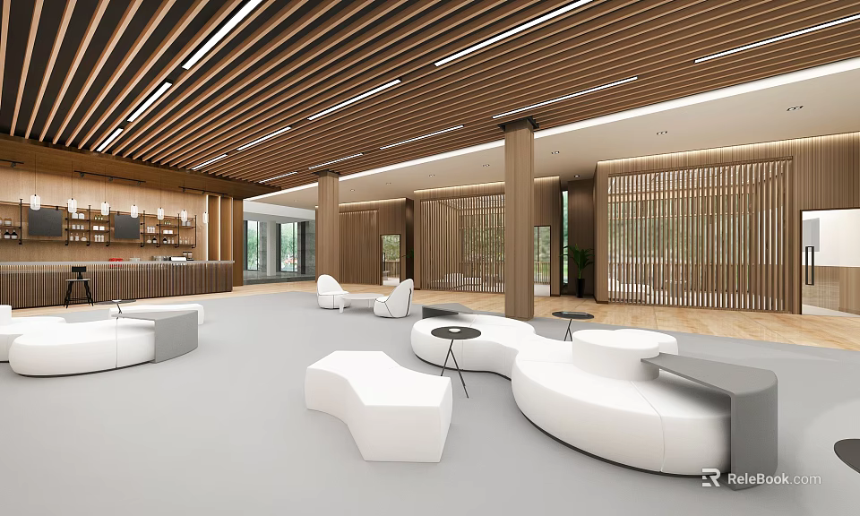 Modern Café Interior With White Round Sofas And Wooden Ceiling Design 3d model 