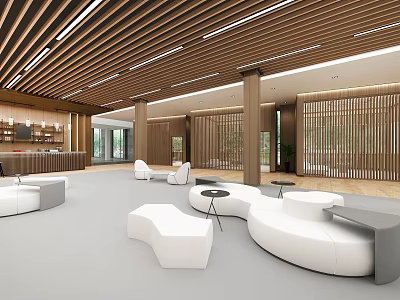 Modern Café Interior With White Round Sofas And Wooden Ceiling Design 3d model