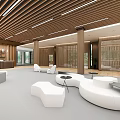 Modern Café Interior With White Round Sofas And Wooden Ceiling Design