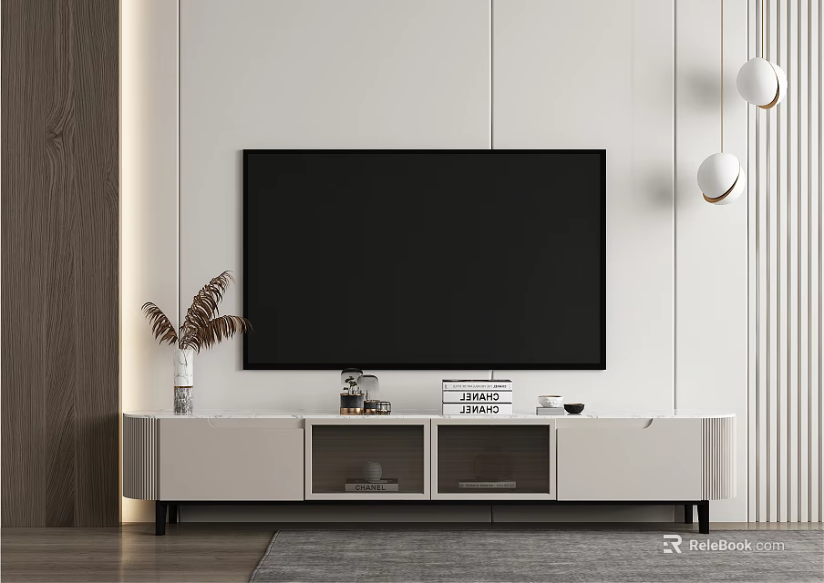 Modern TV Stand with Large Black TV Decorative Plant and Hanging Lights 3d model 