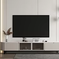 Modern TV Stand with Large Black TV Decorative Plant and Hanging Lights