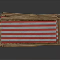Stacked Wooden Bench With Red White Striped Cushion For Outdoor Seating