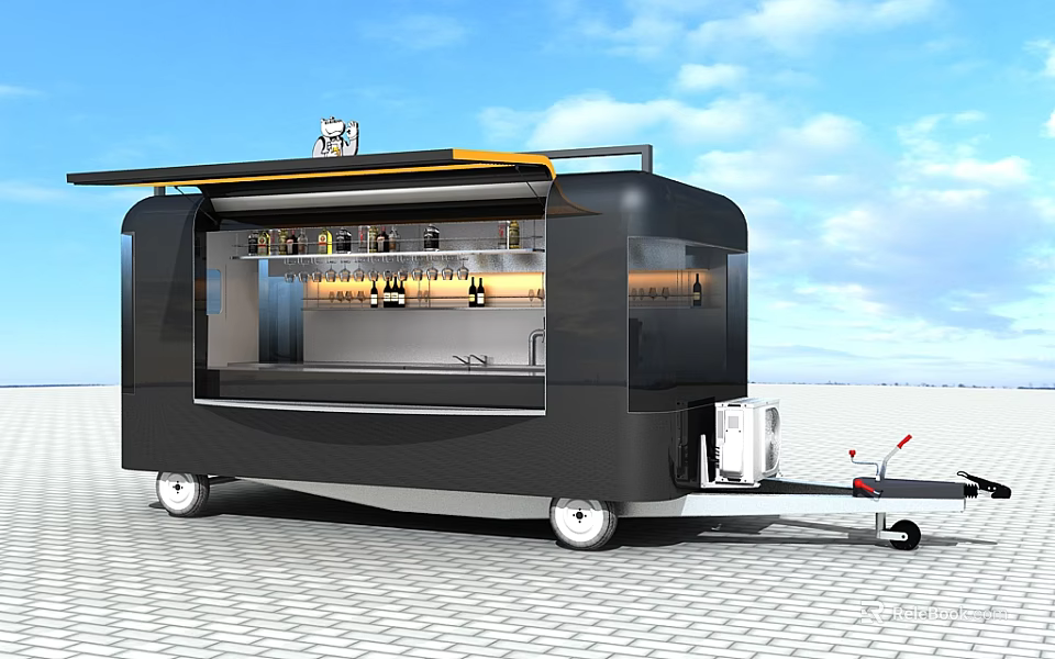 Modern Mobile Bar Trailer With Wine Racks And Exterior Lighting Design 3d model 