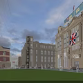 Historic Commercial Street Featuring Classic Buildings Union Jack Flag Green Lawn And Pedestrians
