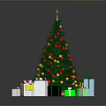Christmas Tree With Star On Top Colorful Balls Red Decorations And Colorful Gift Boxes Under