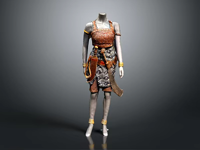 Traditional Ethnic Costume With Embroidered Vest Patterned Skirt Belt And Bracelets 3d model