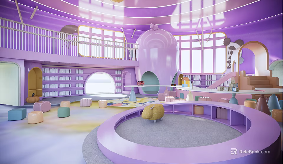 Colorful Purple Kindergarten Open Space Design With Bookshelves Circular Play Area Windows Slide And Toys 3d model 