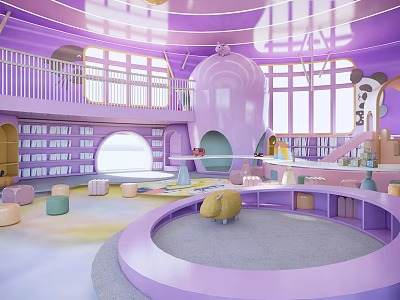 Colorful Purple Kindergarten Open Space Design With Bookshelves Circular Play Area Windows Slide And Toys 3d model