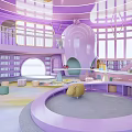 Colorful Purple Kindergarten Open Space Design With Bookshelves Circular Play Area Windows Slide And Toys