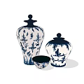 Traditional Blue and White Ceramic Vessels With Lids And Small Bowl