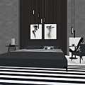 Modern Background Double Bed With Dark Wall Artwork Striped Floor And Pendant Lights 3d model
