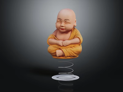 Little Monk Statue In Yellow Robe Sitting Cross Legged On Spring Base 3d model
