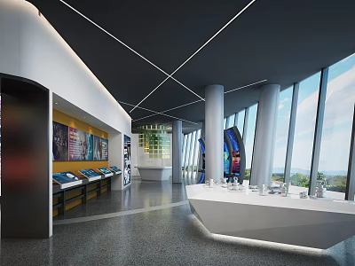 Contemporary Spacious Hall Interior With Large Windows Display Counters And Natural Light 3d model