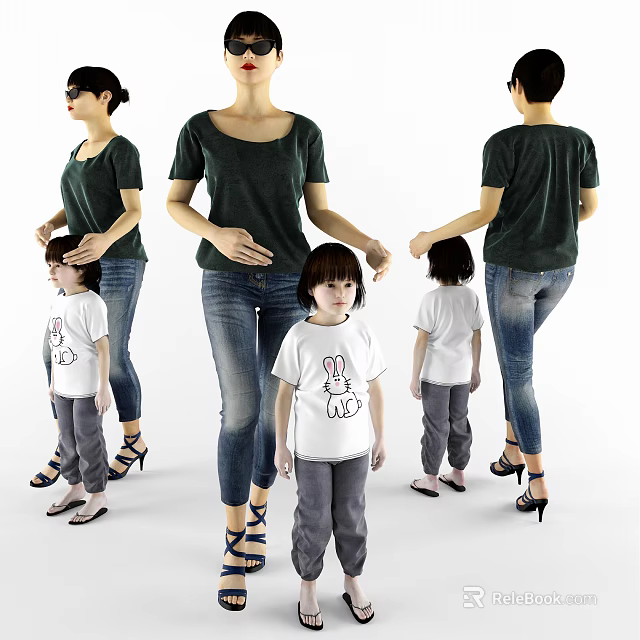 Mother With Two Children Wearing Dark Green T-Shirt Jeans White Rabbit Print T-Shirt Gray Pants 3d model 