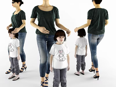 Mother With Two Children Wearing Dark Green T-Shirt Jeans White Rabbit Print T-Shirt Gray Pants 3d model