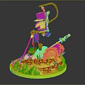 Cartoon Scene Featuring Little Character Cave Sailboat Decoration Blue Chains Green Plants and Stones