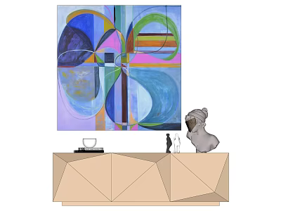 Modern Geometric Cabinet With Abstract Colorful Painting And Decorative Sculpture 3d model