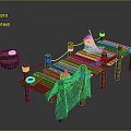 Wooden Dock Scene With Wooden Posts Ropes Fishing Net Lifebuoy And Small Boat