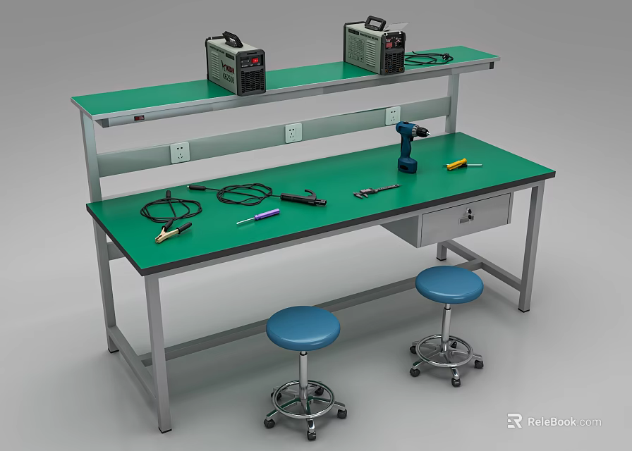 Green Workbench With Tools Power Outlets And Blue Stools For Workshop Use 3d model