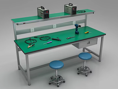 Green Workbench With Tools Power Outlets And Blue Stools For Workshop Use 3d model