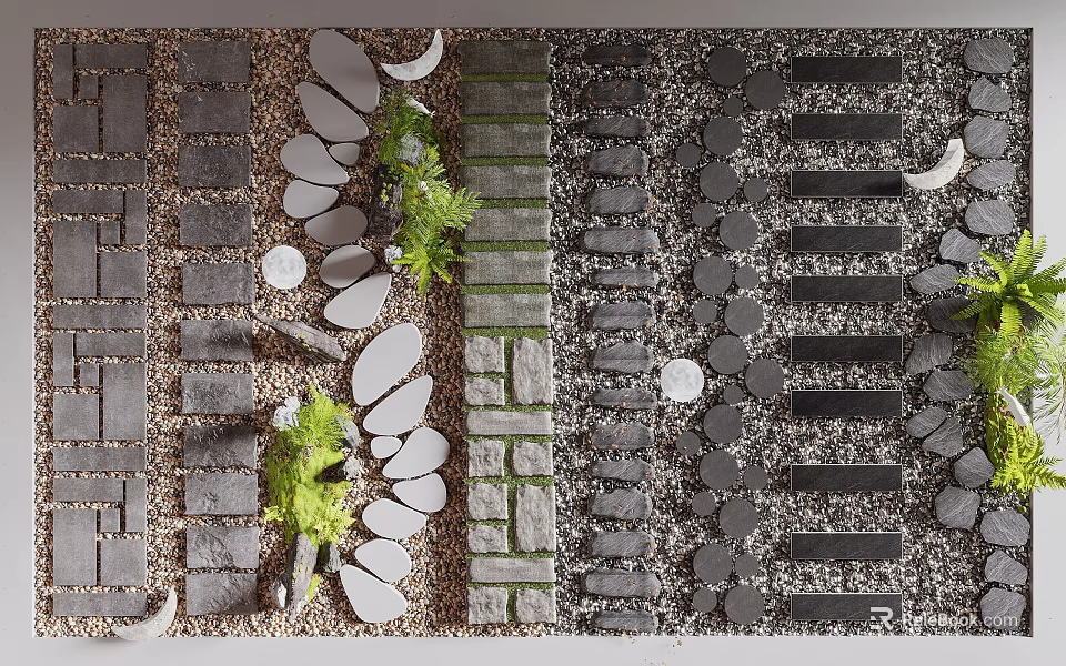 Creative Ground Paving Design With Stone Slabs Pebbles Brick Strips And Green Plants 3d model 