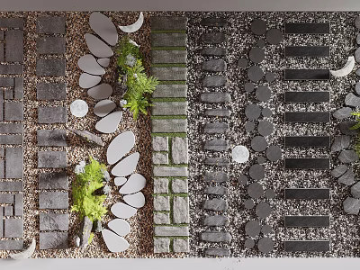 Creative Ground Paving Design With Stone Slabs Pebbles Brick Strips And Green Plants 3d model