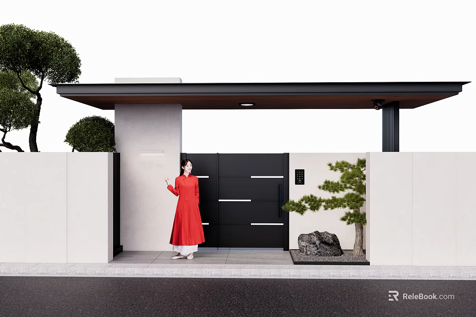 Modern Black Gate With White Walls Green Plants And Decorative Stone 3d model 