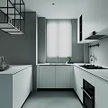 Modern Kitchen Interior With White Cabinets Island Countertop And Window Blinds 3d model