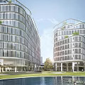 Modern Office Building With Glass Curtain Wall Green Roof And Lawn Area With Pedestrians