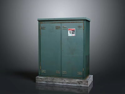 Green Electrical Cabinet With Double Door Metal Latches Flat Top Concrete Base And Warning Label 3d model