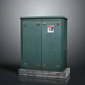 Green Electrical Cabinet With Double Door Metal Latches Flat Top Concrete Base And Warning Label
