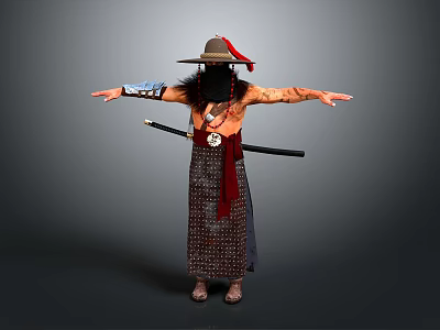 Warrior Character In Patterned Robe With Long Beard Wide Brimmed Hat And Sword Arms Outstretched 3d model