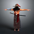 Warrior Character In Patterned Robe With Long Beard Wide Brimmed Hat And Sword Arms Outstretched