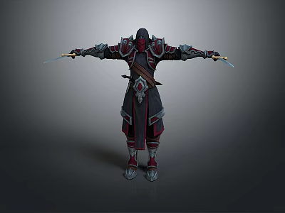 Man Wearing Dark Robe With Red Accents Cloak On Back Holding Swords In Outstretched Arms 3d model