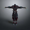 Man Wearing Dark Robe With Red Accents Cloak On Back Holding Swords In Outstretched Arms